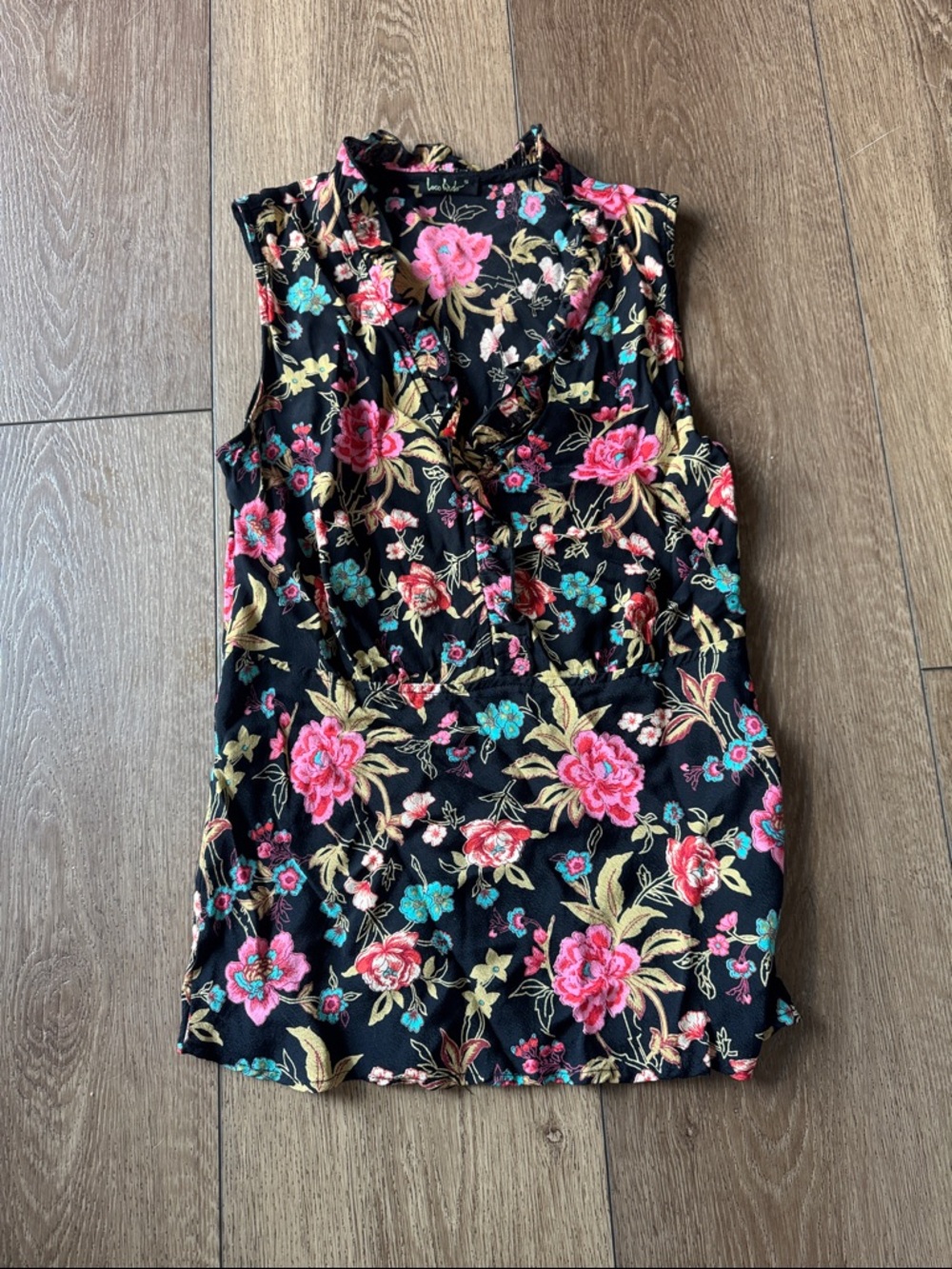 Floral V-Neck Sleeveless Camisole - Black with Pink & Teal Flowers